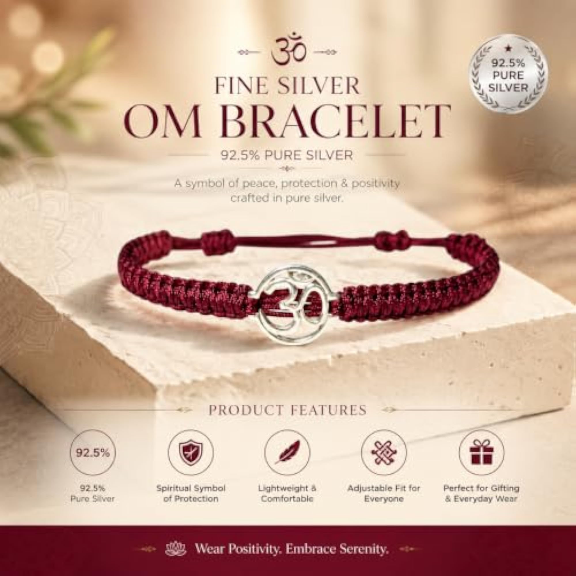 925 Pure Fine Silver OM Charm Bracelet, Spiritual Gift